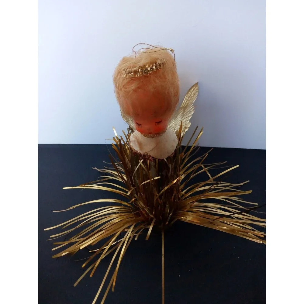 Vintage Angel tree topper Cardboard Gold wings‎ dress and plastic face Halo